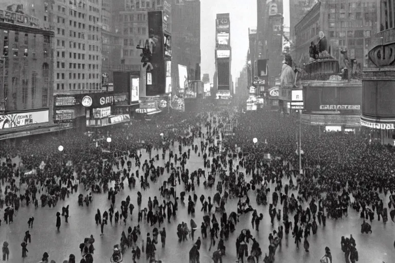 Prompt: a wide angle photograph of times square on new years eve, 1945, black and white