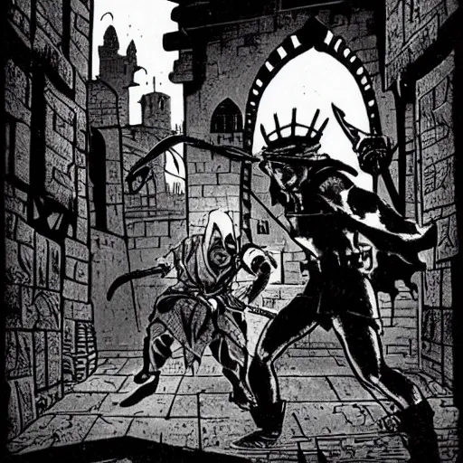 Prompt: A thief watching a middle eastern merchant from a dark alley. One Thousand and One Nights, Dark Fantasy, Film Noir, Black and White. High Contrast, Mike Mignola, D&D, OSR