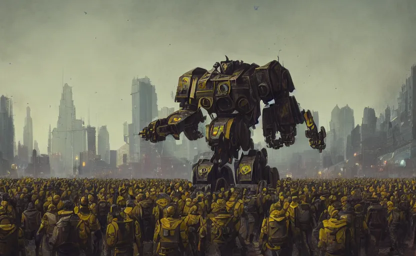 Image similar to an intricate matte painting of a giant armored plated metal mecha, crowd of people, by simon stalenhag, rust, yellow and black trim, trending on artstation, hdr, 8 k