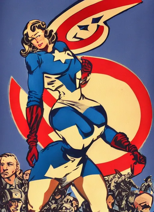 Prompt: beautiful female captain america standing on a pile of defeated, beaten and broken german soldiers. feminist captain america wins wwii. american wwii propaganda poster by james gurney and ralph bakshi. gorgeous face. overwatch.