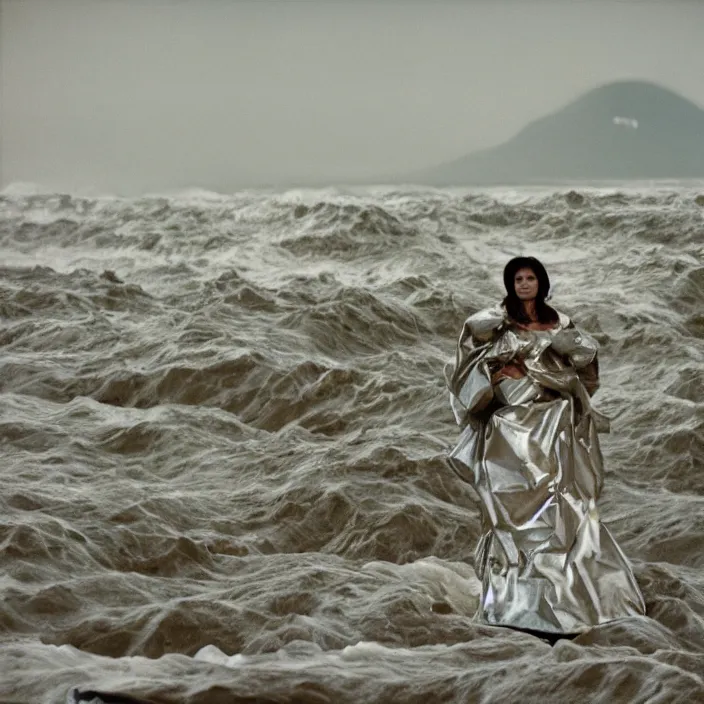 Prompt: a woman wearing wrapped in plastic, standing in front of a giant tsunami wave, color photograph, by vincent desiderio, canon eos c 3 0 0, ƒ 1. 8, 3 5 mm, 8 k, medium - format print