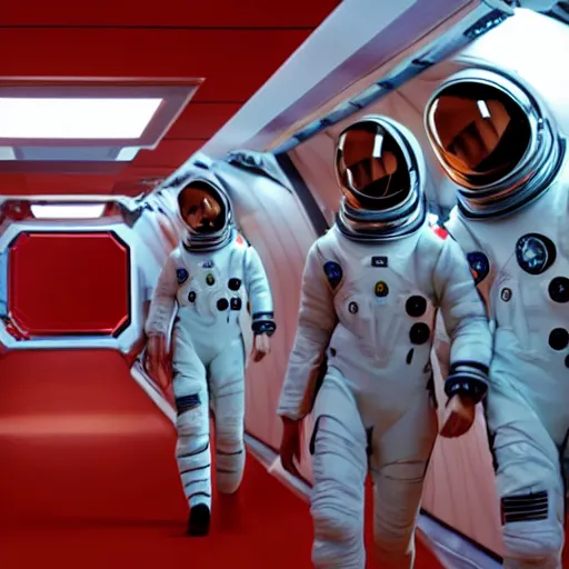 Prompt: realistic cinematography of two smart looking actors wearing space station suits walking through a space craft passageway, red warning lights,