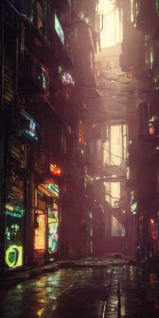 Prompt: cyberpunk alley by hieronymus bosch, 8 k, raytracing, unreal engine 5,