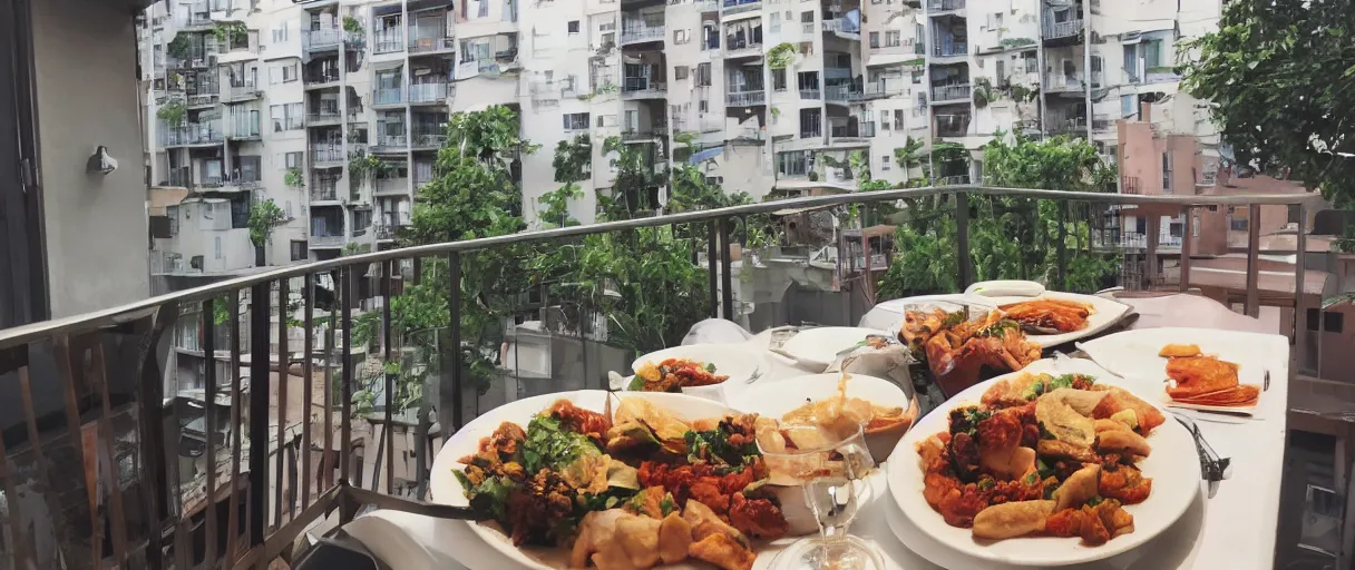 Prompt: dinner at a friends place, they have a small apartment with balcony and a puppy, the food is chinese