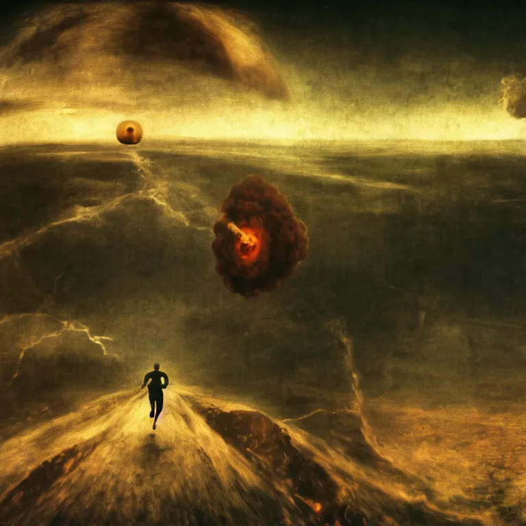 Prompt: man running away from atomic bomb explosion, selfie gopro footage by hieronymus bosch, action footage, disposable camera, fisheye, landscape portrait surreal painting, perfect composition, beautiful detailed intricate octane render, artstation, 8 k, photorealistic, volumetric cinematic light, chiaroscuro, masterpiece, raphael, bosch, caravaggio, beksinski, giger