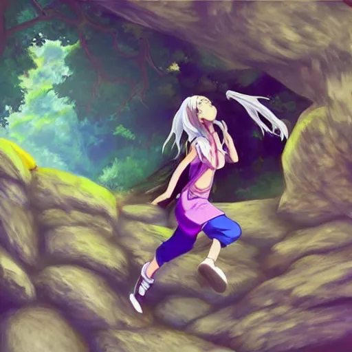 Prompt: “Indians jones as an anime girl running away from a rolling giant stone boulder trap, anime art”