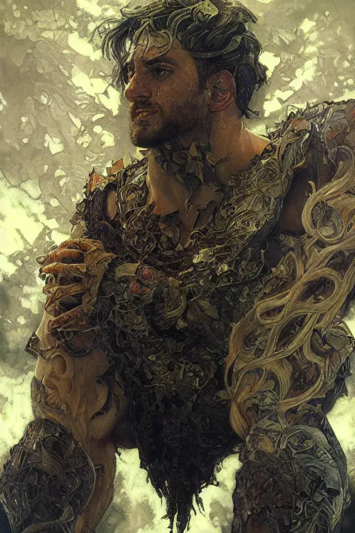 Image similar to portrait of lionel messi as a hulking herculean demon, forest, godlike, full body, fantasy, intricate, elegant, highly detailed, digital painting, artstation, concept art, sharp focus, illustration, art by artgerm and greg rutkowski and alphonse mucha