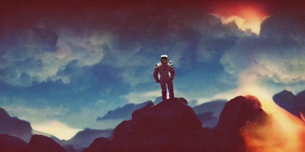 Prompt: vintage polaroid analog photo of a female astronaut on an alien planet, scifi, gigantic mountains, big clouds, lit from behind, 8k, unreal engine, warm azure tones, color bleed, film grain