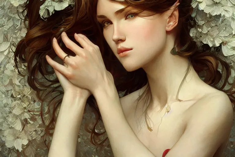 Image similar to beautiful girl, intricate, elegant, highly detailed, digital painting, artstation, concept art, smooth, sharp focus, beautiful face, beautilful eyes, illustration, art by artgerm and greg rutkowski and alphonse mucha