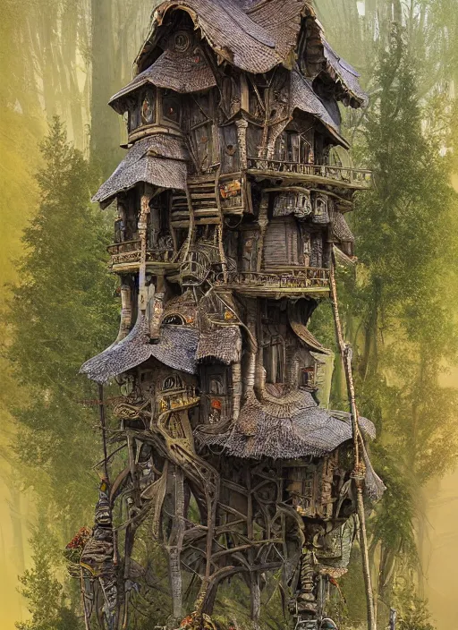 Prompt: highly detailed matte painting of the baba yaga witch's ornate russian style home on tall chicken legs with feet so it can walk around, in the mountain woodlands, witch with her broomstick, 8 k resolution, by android jones