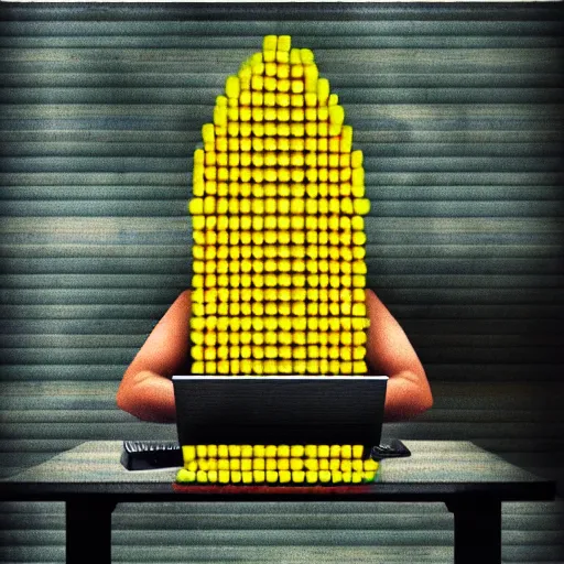 Image similar to a man made of corn typing away on his laptop, dark room