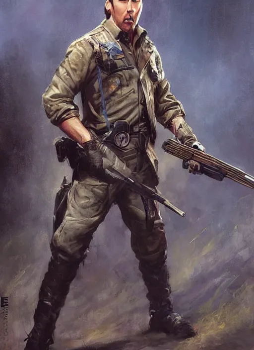 Prompt: nicholas cage as a ranger with a rifle painted by raymond swanland