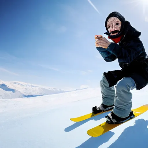 Image similar to Gollum on snowboard with cigarette in mouth