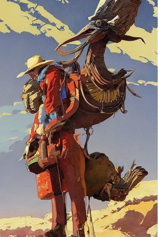 Image similar to scifi cowboy sitting on giant emu bird with backpack, science fiction, art by jean giraud, moebius, juan gimenez, greg manchess, in watercolor gouache detailed paintings, in style of syd mead, colorful comics style, artstation