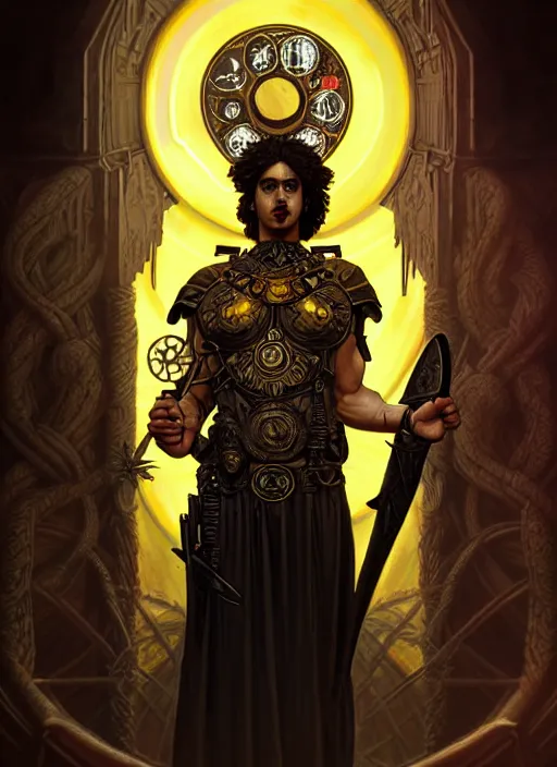 Image similar to portrait of greek god ares, black curly hair, glowing eyes, volumetric lights, war, weapons, yellow red scheme, art nouveau botanicals, gothic, intricate, highly detailed, digital painting, artstation, concept art, smooth, sharp focus, symmetric face, illustration, steampunk, art by artgerm and greg rutkowski and alphonse mucha