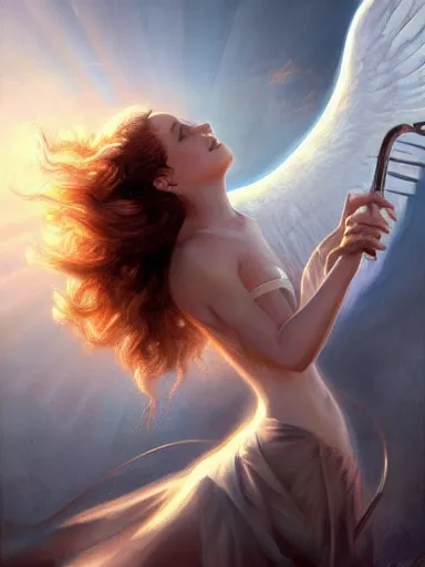 Image similar to a beautiful angel blowing a trumpet. apocalyptcal background, end of the world. intricate, elegant, highly detailed, digital painting, artstation, concept art, sharp focus, illustration, by justin gerard and artgerm, 8 k