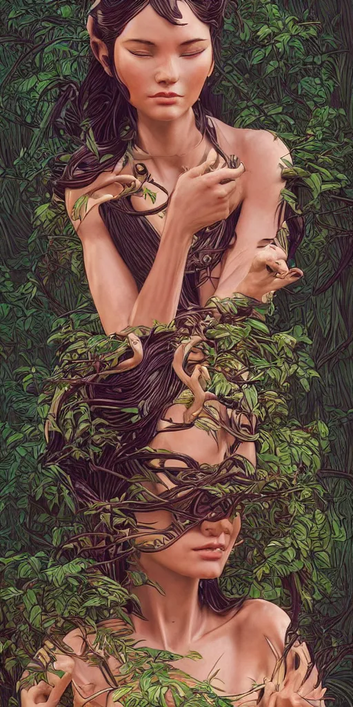 Prompt: a sculpture of mythical creatures by syd mead, elegant and unusually large beautiful female face emerging from the jungle, intricate, elegant, highly detailed, digital painting by audrey kawasaki, artstation, concept art, ambient occlusion, vray render,