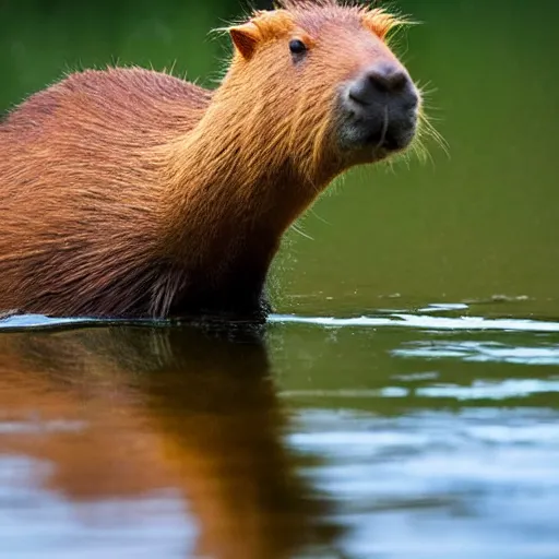 Prompt: candid photograph of a capybara swimming in a lake