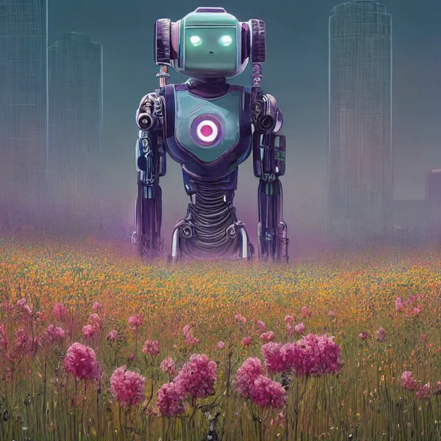 Prompt: a cyberpunk robot in a field of flowers by simon stalenhag