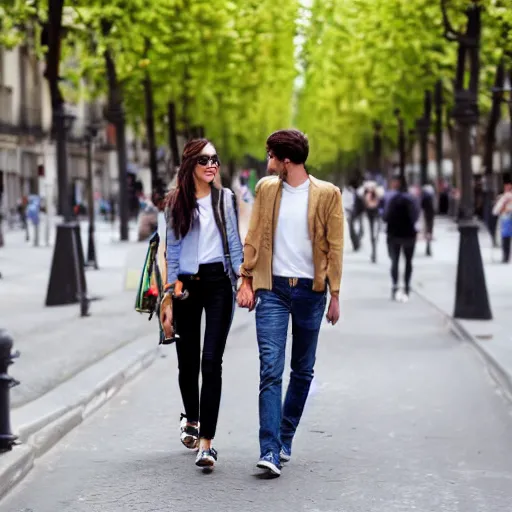 Prompt: fashionable couple walking down a street in paris, warm summer day