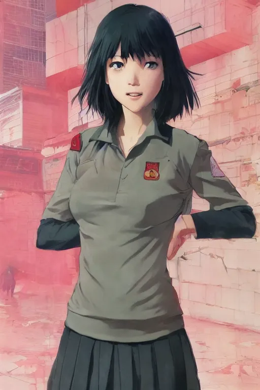 Prompt: a cute girl wearing school uniform standing in the city, really good looking face!!, realistic shaded perfect face, fine details, anime, realistic shaded lighting poster by ilya kuvshinov katsuhiro otomo ghost - in - the - shell, magali villeneuve, artgerm, jeremy lipkin and michael garmash and rob reyt