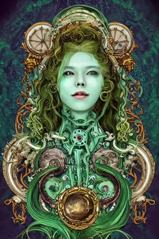 Prompt: rococo upper body portrait sigil with the intent of conquering the world lovecraftian undead zombie queen, green hair, bytian zi and wlop and alphonse mucha biomechanical illuminated text ornaments and gems hdr 8 k 3 d dslr hdr trending on artstation rendered with cryengine