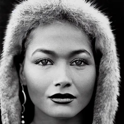 Prompt: black and white vogue closeup portrait by herb ritts of a beautiful female model, cherokee, high contrast