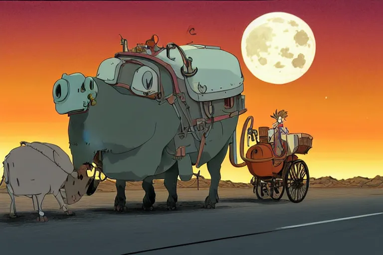 Image similar to a cell shaded cartoon of a lovecraftian mechanized burro from howl's moving castle ( 2 0 0 4 ), on a desert road, in front of a full moon, full body, wide shot, very muted colors, post grunge, studio ghibli, laurie greasley, highly detailed, deviantart, art by artgem