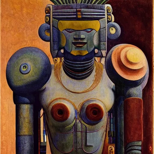 Image similar to portrait of a robot shaman, by annie swynnerton and edward hopper and jean delville and rufino tamayo and evelyn de morgan, art deco shaman, stylized geometric flowers, art brut, outsider art, symbolist, dramatic lighting, god rays, clean crisp graphics, smooth sharp focus, extremely detailed, adolf wolfli