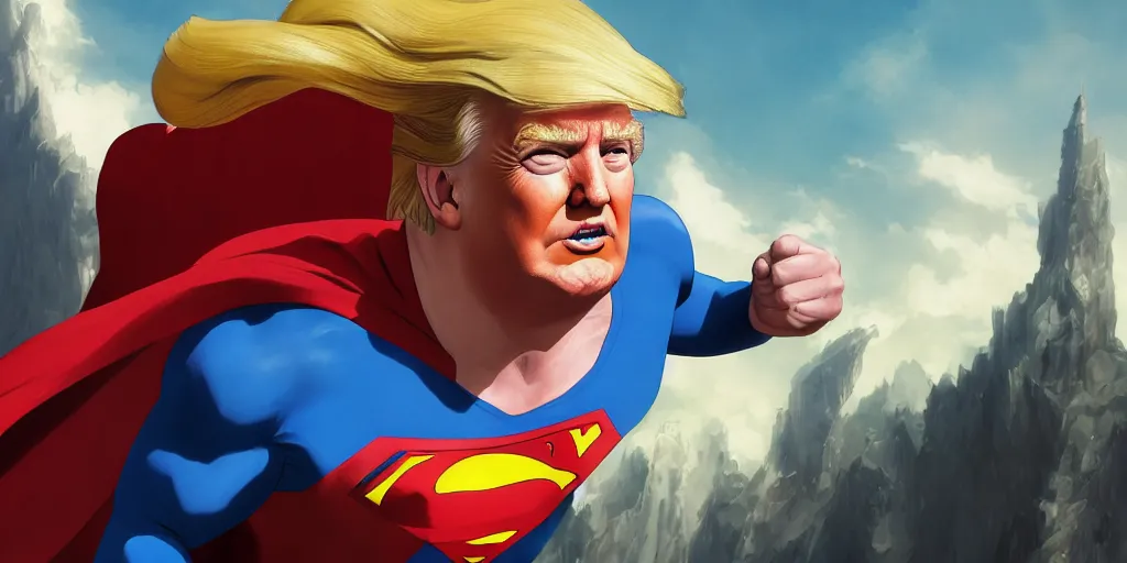 Image similar to donald trump as superman, studio portrait, detailed face close - up, art by makoto shinkai, studio ghibli, greg rutkowski, wlop, artgerm, highly detailed, 4 k, digital art, high quality