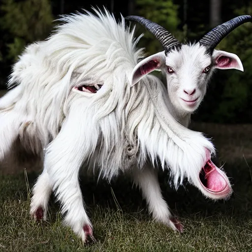 Image similar to screeching mutant goat monster with bug sharp teeth and filthy white matted fur