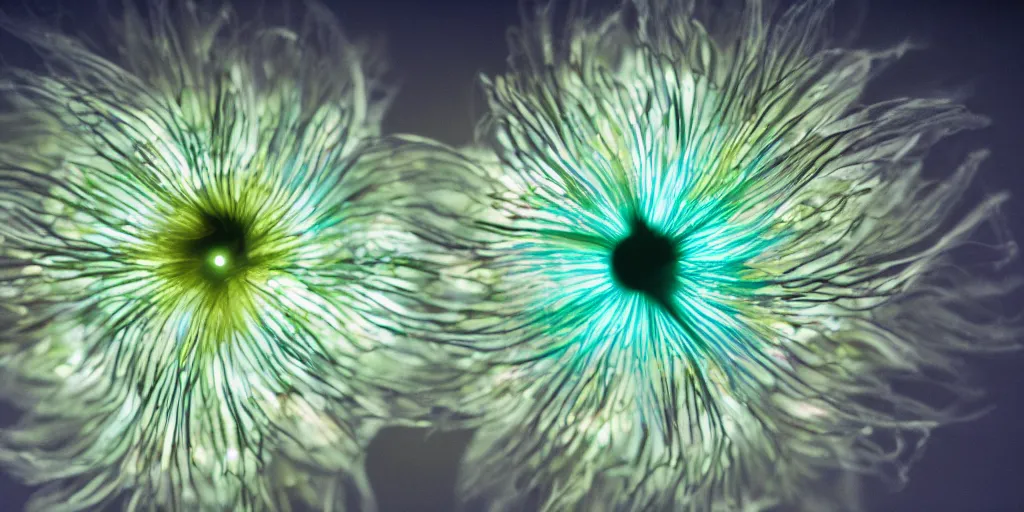 Prompt: a widescreen photo of a biomechanical bioluminescent flower macro by steve mccurry