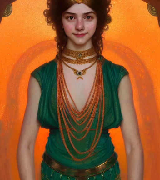 Prompt: portrait of teenage godess, snake hair, naughty smile, wearing an embroidered orange tunic, intricate, elegant, copper and emerald jewelry, glowing lights, seductive. highly detailed, digital painting, artstation, concept art, smooth, sharp focus, illustration, art by wlop, mucha, artgerm, and greg rutkowski