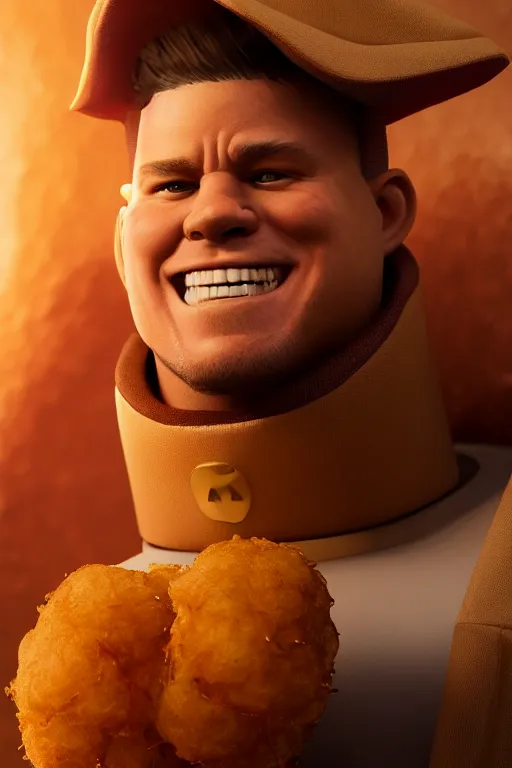 Image similar to channing tatum in a tater tot costume, tater tot face, ef 8 5 mm f 1. 8 usm, bionic scifi alexandre ferra, hyper detailed, digital art, trending in artstation, cinematic lighting, studio quality, smooth render, unreal engine 5 rendered, octane rendered