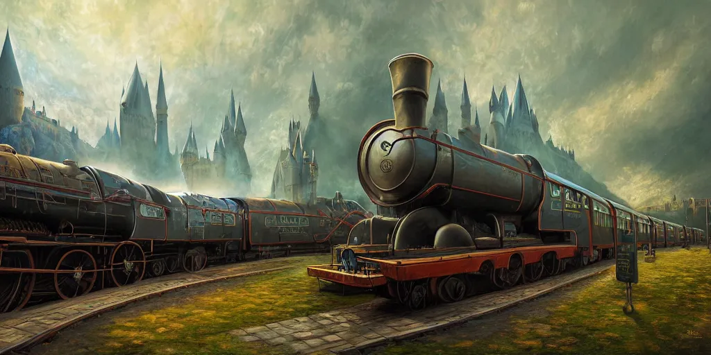 Prompt: Hogwarts train by Tyler Edlin and Jean Delville and John Aktinson Grimshaw and Robert Hubert, german romanticism style, oil on canvas, cinematic lighting, vibrant, hdr, concept art, water reflections