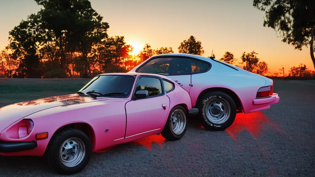 Prompt: neon synthwave 1 9 7 5 datsun 2 6 0 z at sunset, 8 k. filling of the view