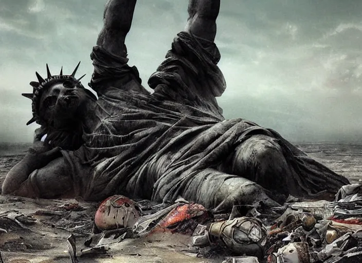Prompt: a Photorealistic dramatic hyperrealistic render of a ruined destroyed decayed statue of liberty laying in pieces on a desolate beach in a post-apocalyptic world, futuristic nuclear apocalyptic planet of the apes vibe, by WLOP and Artgerm and Greg Rutkowski and Alphonse Mucha, Beautiful dynamic dramatic dark moody lighting, shadows, cinematic atmosphere, Artstation, concept design art, Octane render, 8K, masterpiece