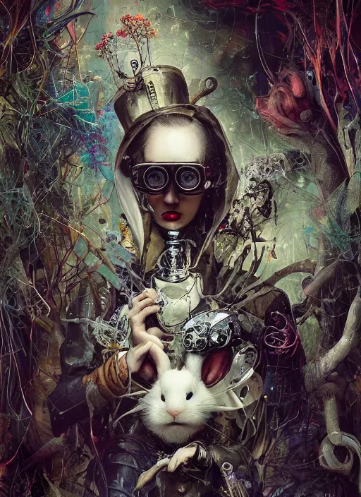 Image similar to white rabbit, steampunk googles, highly detailed, cinematic, 8 k, by megan duncanson, benjamin lacombe, adrian borda, stanley artgermm, tom bagshaw, craig mullins, carne griffiths, ayami kojima, beksinski, giger, trending on deviantart, hyper detailed, horror, full of colour