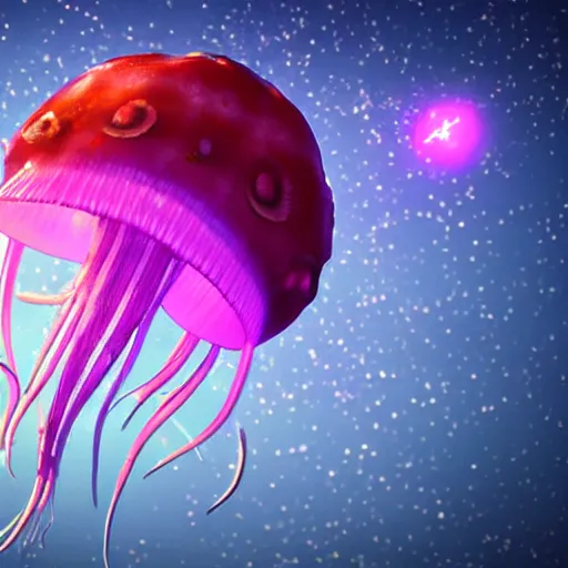 Image similar to a jellyfish with a bright biosphere in its head floating in space, long neon tentacles, meteor shower background unreal engine render, hyper realistic, ultra detailed