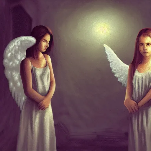 Image similar to a digital painting of angels looking at the camera in a dark, trashed and depressing room. dramatic lighting.