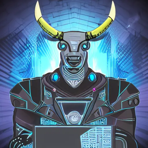 Image similar to stylized cyberpunk minotaur with laptop logo