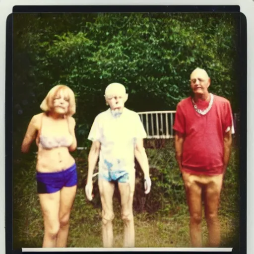 Prompt: found polaroid of bizarre trash humpers