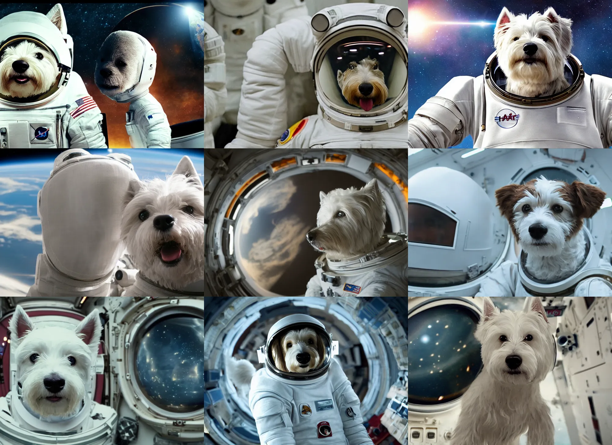 Prompt: film still of anthropomorphic anthropomorphic westie as astronaut in interstellar, 4 k