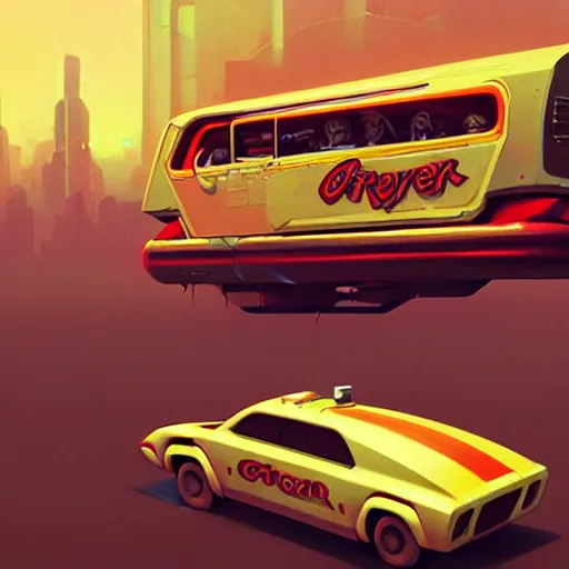 Image similar to a cyberpunk oscar meyer weiner weinermobile, highly detailed epic, CG render digital painting artwork by Greg Rutkowski, John Berkey, Alexander Jansson, Kuvshinov, WLOP, Artgerm, trending on ArtStation, intricate artwork by Tooth Wu, Beeple. octane render, trending on artstation, greg rutkowski very coherent symmetrical artwork, bokeh, cinematic, hyper realism, high detail, octane render, vervia, 8k