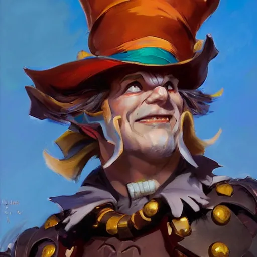 Prompt: greg manchess portrait painting of armored mad hatter from alice in wonderland as overwatch character, wacky, medium shot, asymmetrical, profile picture, organic painting, sunny day, matte painting, bold shapes, hard edges, street art, trending on artstation, by huang guangjian and gil elvgren and jesper ejsing