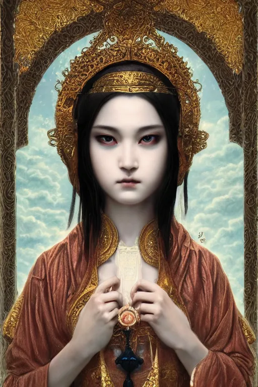 Prompt: ultra realist and ultra intricate detailed soft painting of a beautiful neko kawai nun in religious clothing, thin lustrous hair, symmetry features, sensual gloomy style, soft painting, volumetric clouds, fantasy background, artstation, Tom Bagshaw artstyle, unreal render, depth of field