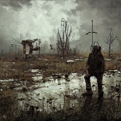 Image similar to painting of a abandoned post soviet town infested with humanoid root monsters by jakub rozalski