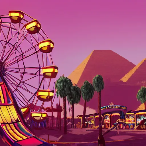Image similar to an amusement park in old egypt, ferris wheel, bumper cars, lights, pyramids are in the background, sphynx, digital art, synthwave style, trending on artstation, matte painting