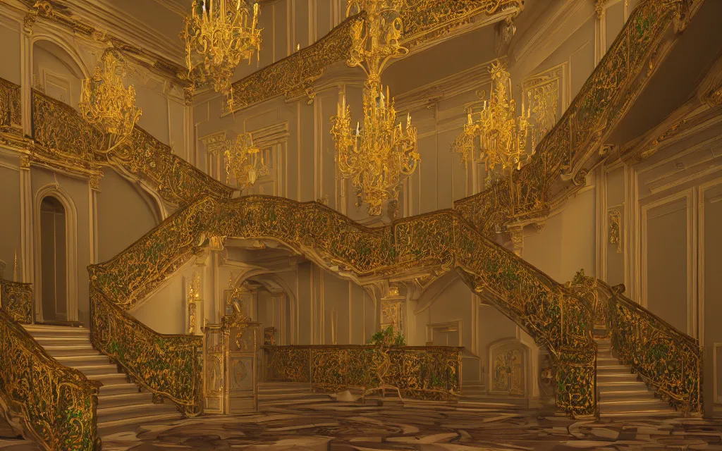 Image similar to a large royal staircase inside of an estate with high ceilings, beautiful lighting, fantasy colors, vivid colors!, highly detailed, octane render, 4 k, focused, extreme details, unreal engine 5, cinematic, trending on artstation, deviantart featured