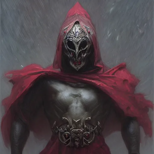 Image similar to The faceless god of chaos in a hood with a scarlet scythe dark fantasy, intricate, smooth, artstation, painted by edgar maxence, greg rutowski, ross tran, artgerm, zdislav beksinski